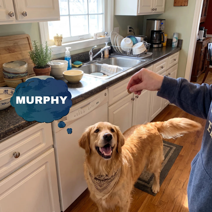Murphy the golden retriever in the kitchen