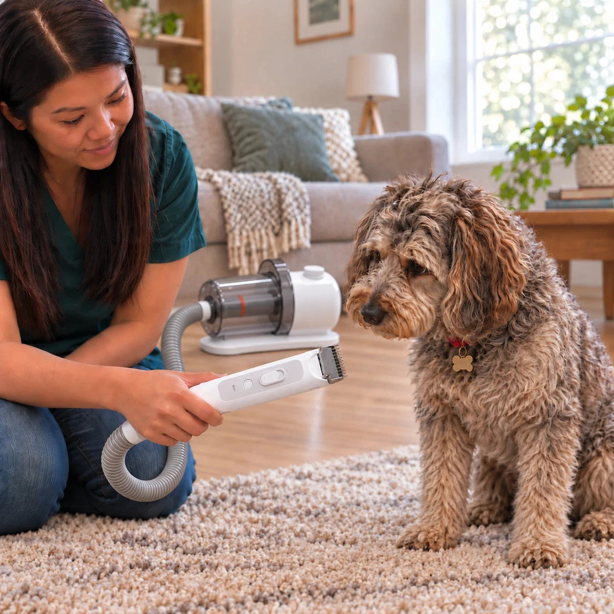Dog sniffing the grooming head before it is switched on