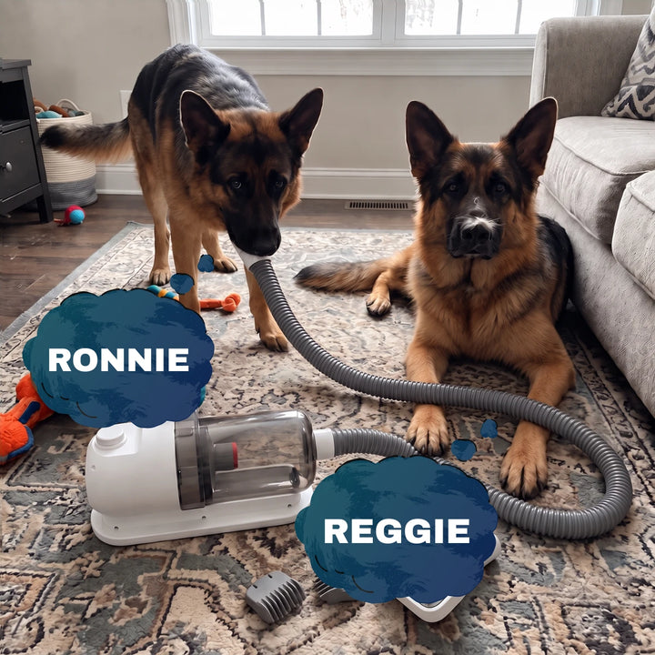 Ronnie and Reggie, two German shepherds, next to the iWhisper™