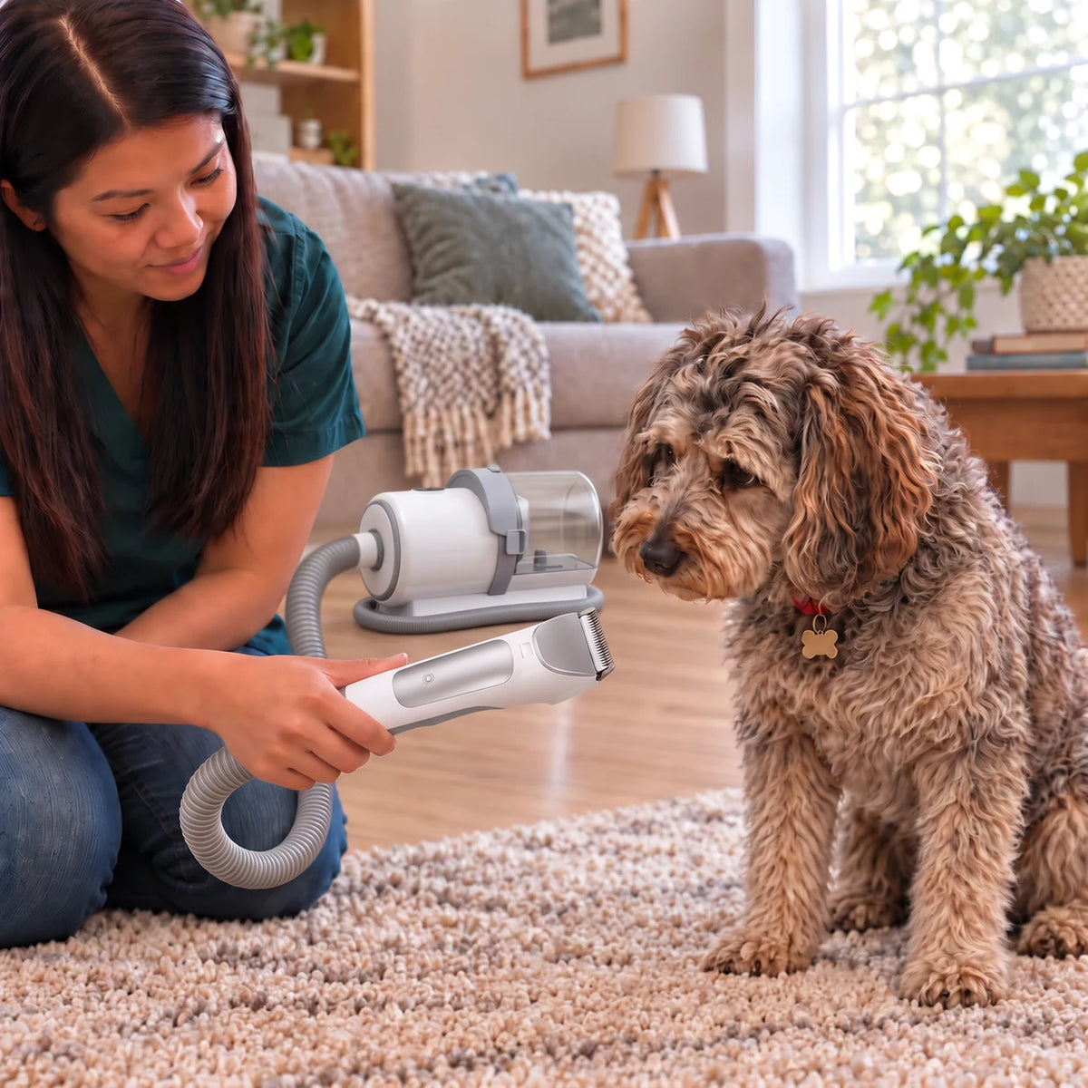 Dog sniffing the grooming head before it is switched on